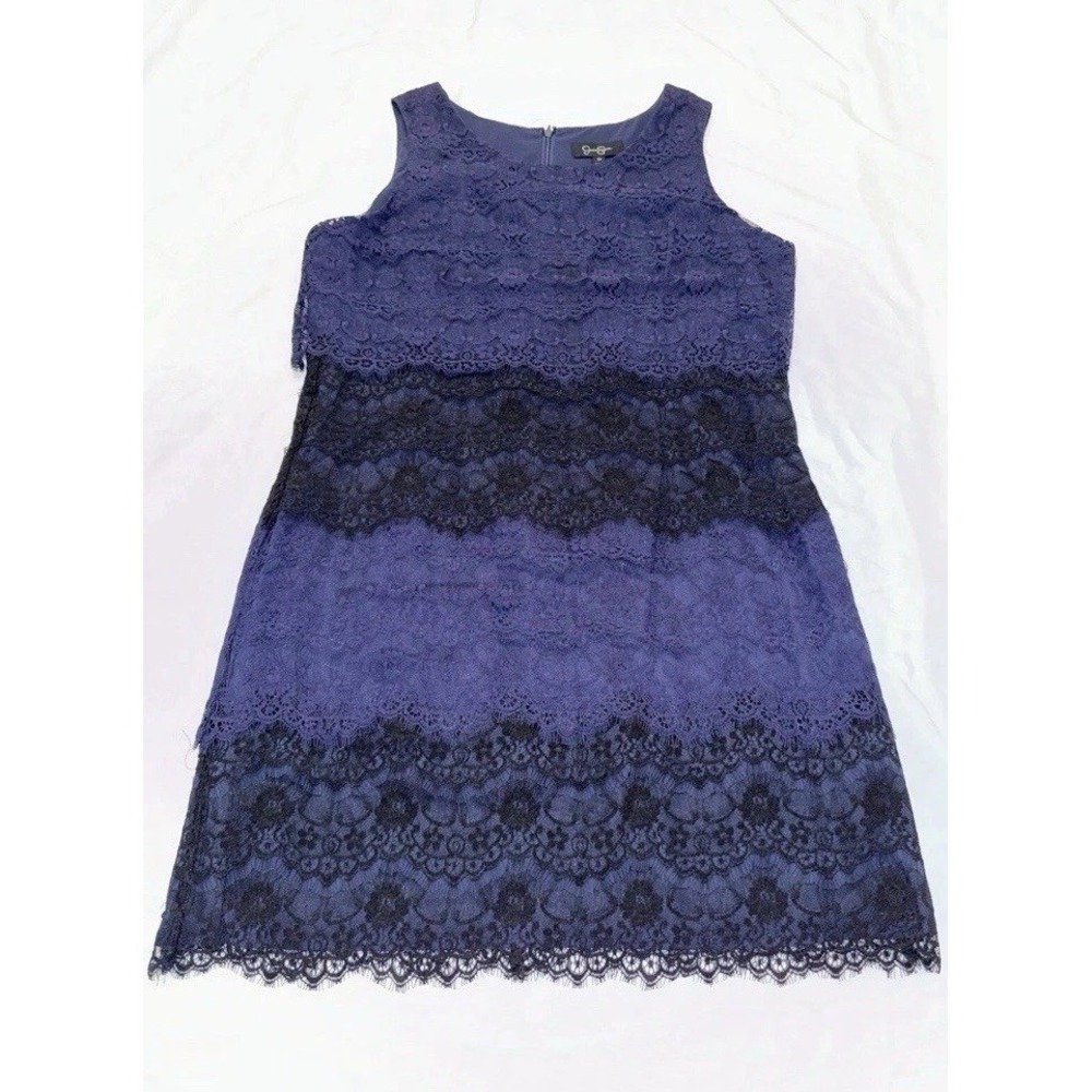 Jessica Simpson Women Sz 10 Blue Black Sheer Lace Tiered Sleeveless‎ Shift Dress